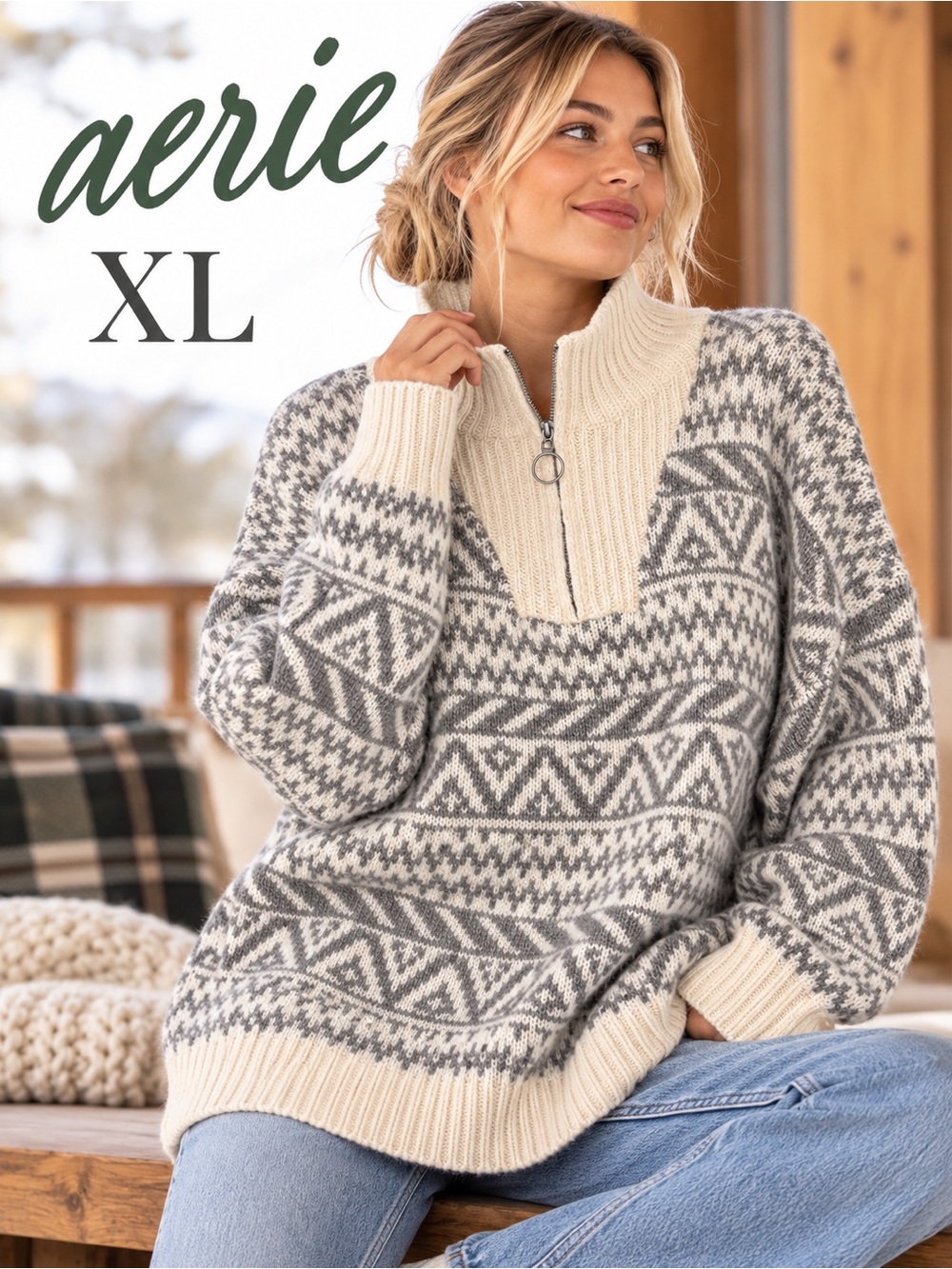 Aerie XL Fair Isle Nordic Quarter Zip Oversized Sweater Gray Cream Wool Blend